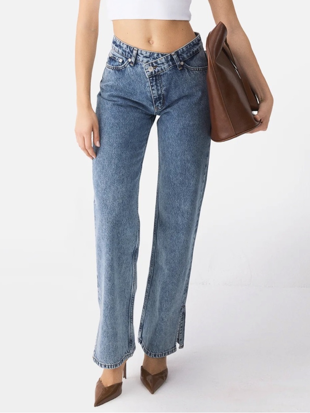 PIRAL Cross Button Straight Leg Jeans Asymmetric Waist Blue Denim Size Small